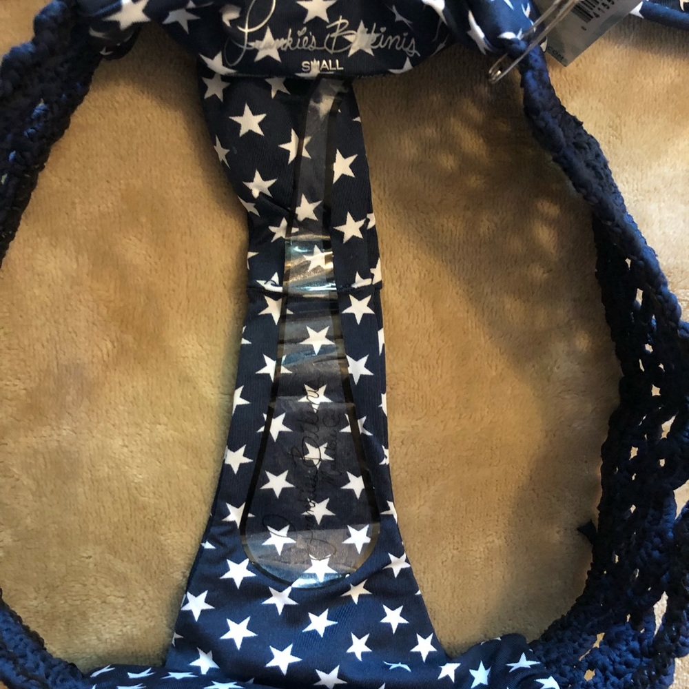 Frankie's Bikinis Navy Blue Star Print Crochet Side Bikini - Picture 4 of 9